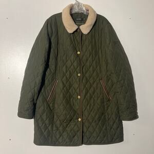 Lauren Ralph Lauren Quilted Faux Shearling Collar Green Outerwear Coat Womens XL
